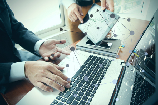 Close Up of Hands on Internet Devices, Network Communication Concept