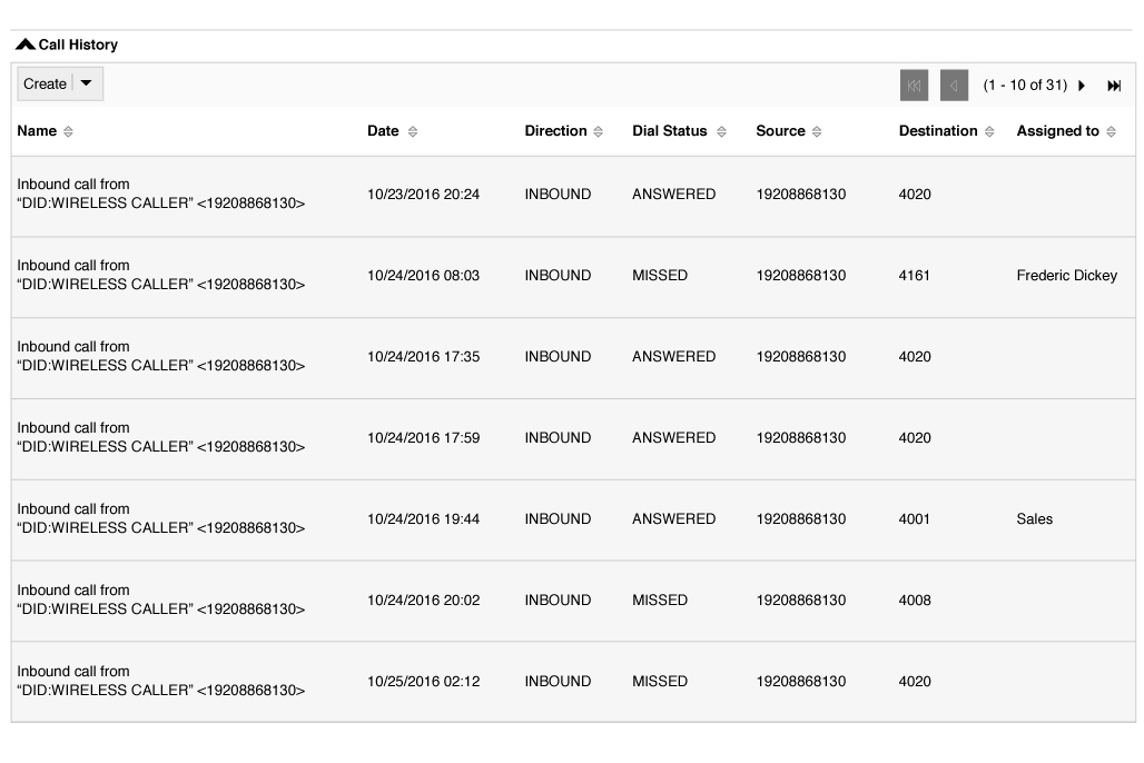 CRM Call History Screen