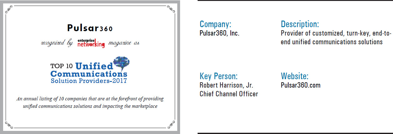 Pulsar360 Recognized by Enterprise Networking magazine as Top 10 Unified Communications Solution Providers - 2017 Award